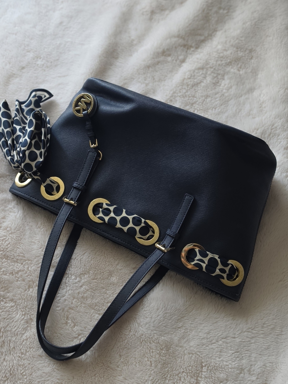 Michael Kors Navy Leather Tote with Gold Hardware